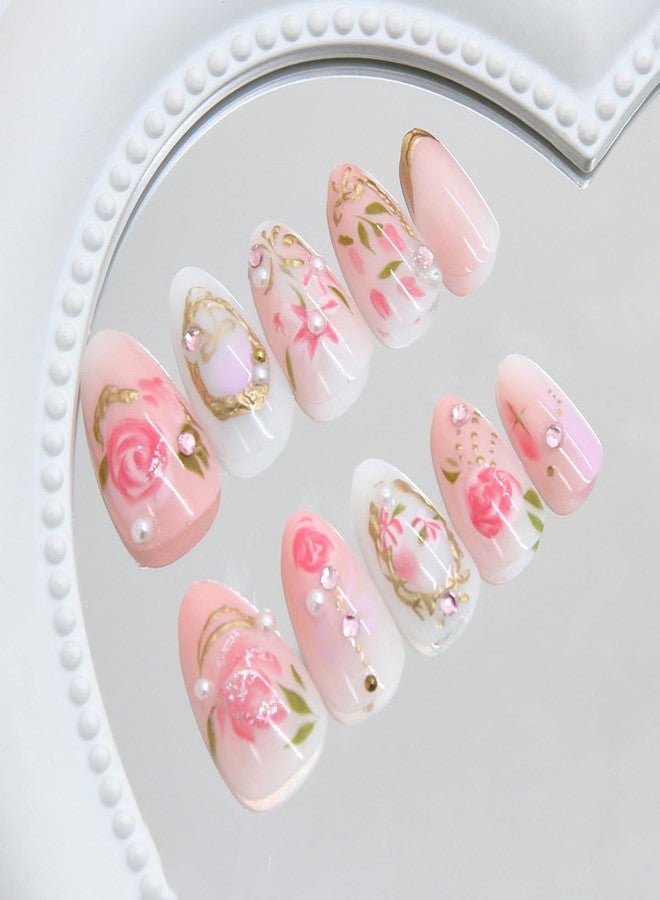 OSTTMA 24Pcs Pink Press on Nails Short Almond Fake Nails with 3D Flower Rhinestone Pearl Bow Design Rose Tulip Gold Gilding False Nails Full Cover Acrylic Nail Glossy Cute Floral Glue on Nails for Women - Image 2